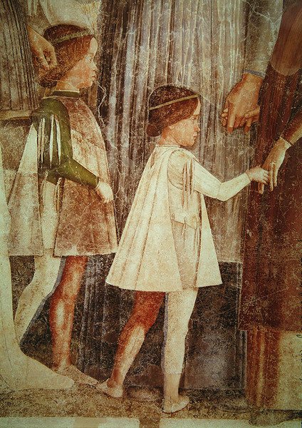 Francesco Gonzaga bíboros érkezése, akit apja Marchese Ludovico Gonzaga III és testvérei köszöntöttek, részlet a Gonzague-gyermekekről, c. 1465-74 (a 78454 részlete) alkotó: Andrea Mantegna