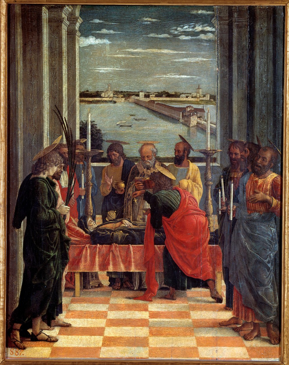 Andrea Mantegna (1431-1506) festménye: A Szűz halála 1461 V. 0,54x0,42 m Madrid, Prado Múzeum - A Szűz halála. Andrea Mantegna (1431-1506) festménye alkotó: Andrea Mantegna