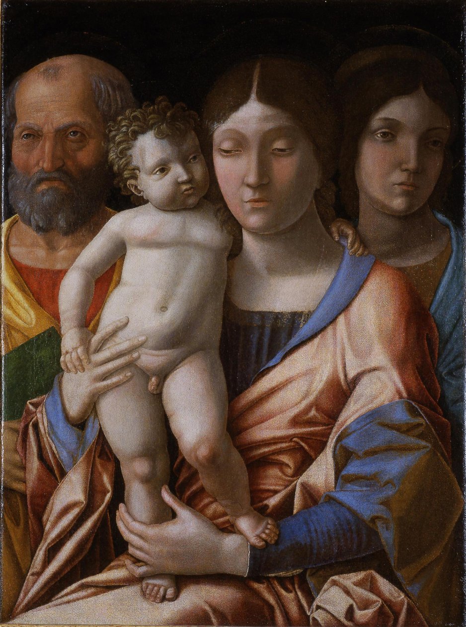 A Szent Család egy szenttel, 1495. alkotó: Andrea Mantegna