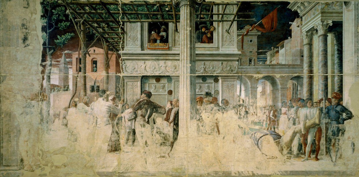 Szent Kristóf lefejezett testének mártíromsága és szállítása, 1448-57 alkotó: Andrea Mantegna