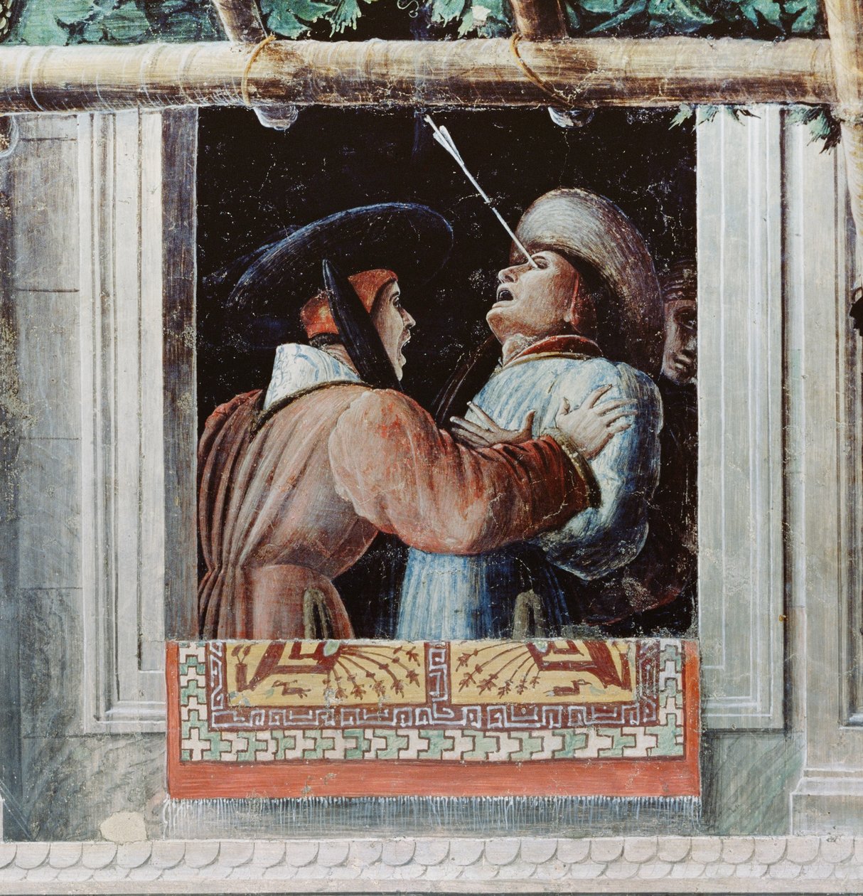 Szent Kristóf mártíromsága, egy nyíllal szemen átlőtt férfi részlete, 1450-56 körül alkotó: Andrea Mantegna