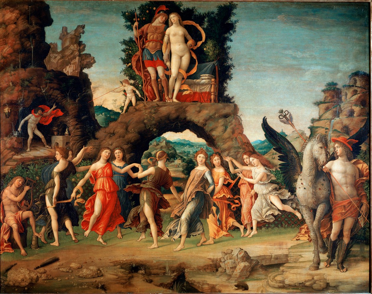 A Parnasszus (Apolló és a kilences múzsák) (tempera és arany a vásznon alkotó: Andrea Mantegna