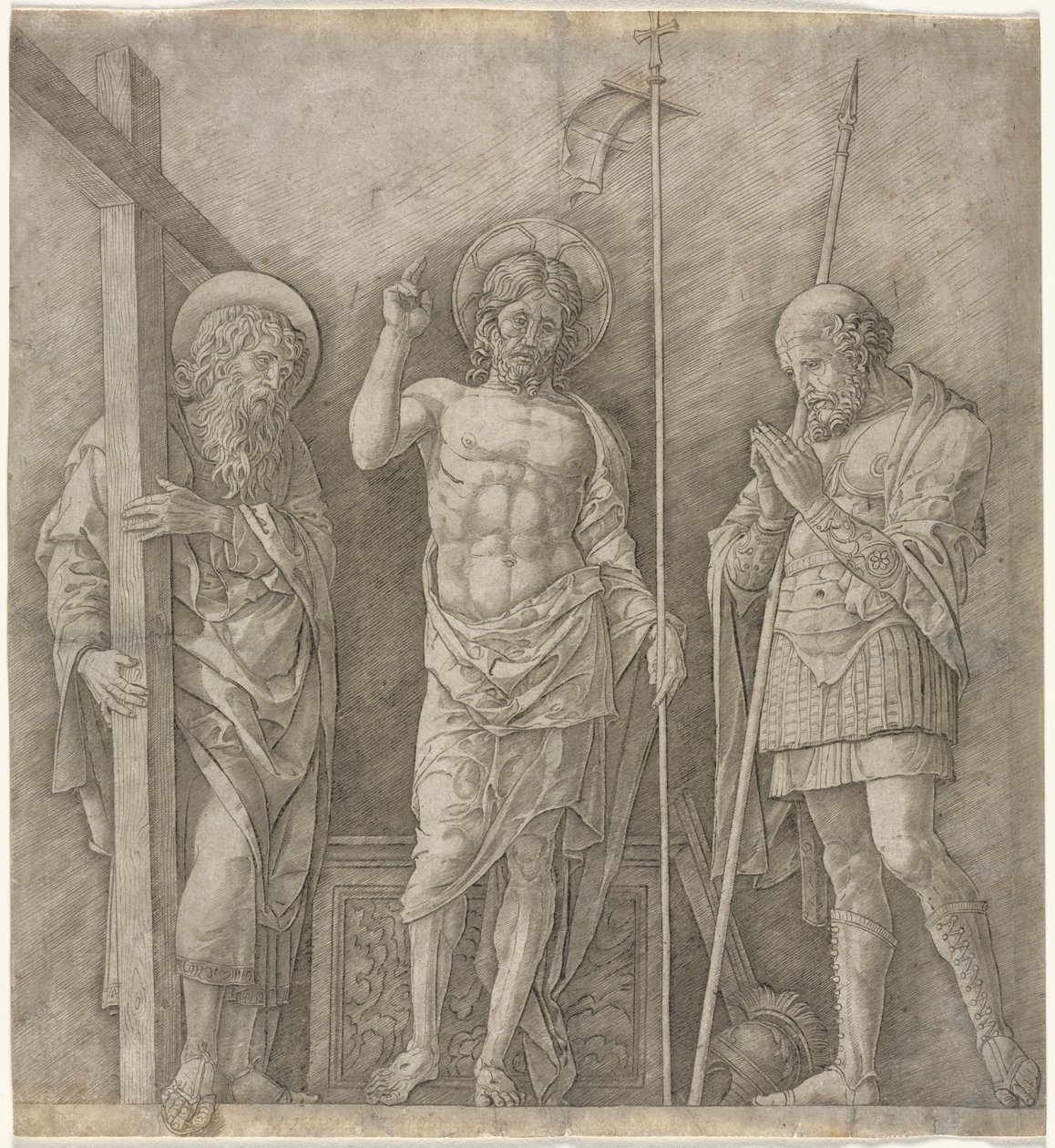 A feltámadott Krisztus Szent András és Longinus között alkotó: Andrea Mantegna