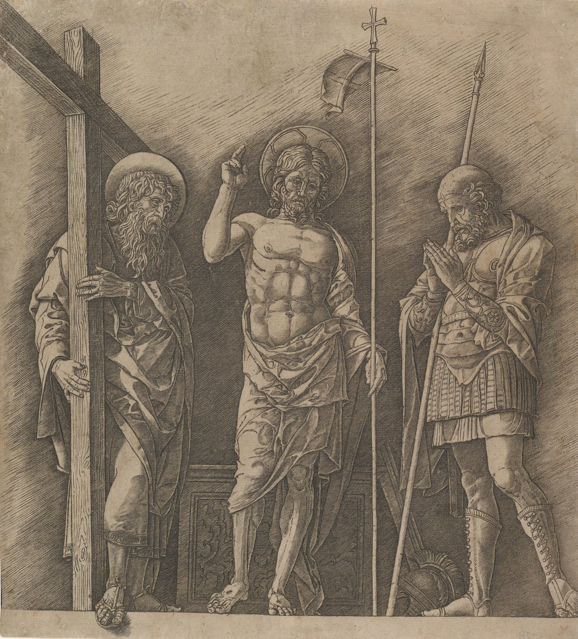 A feltámadott Krisztus Szent András és Szent Longinus között, kb. 1472. alkotó: Andrea Mantegna