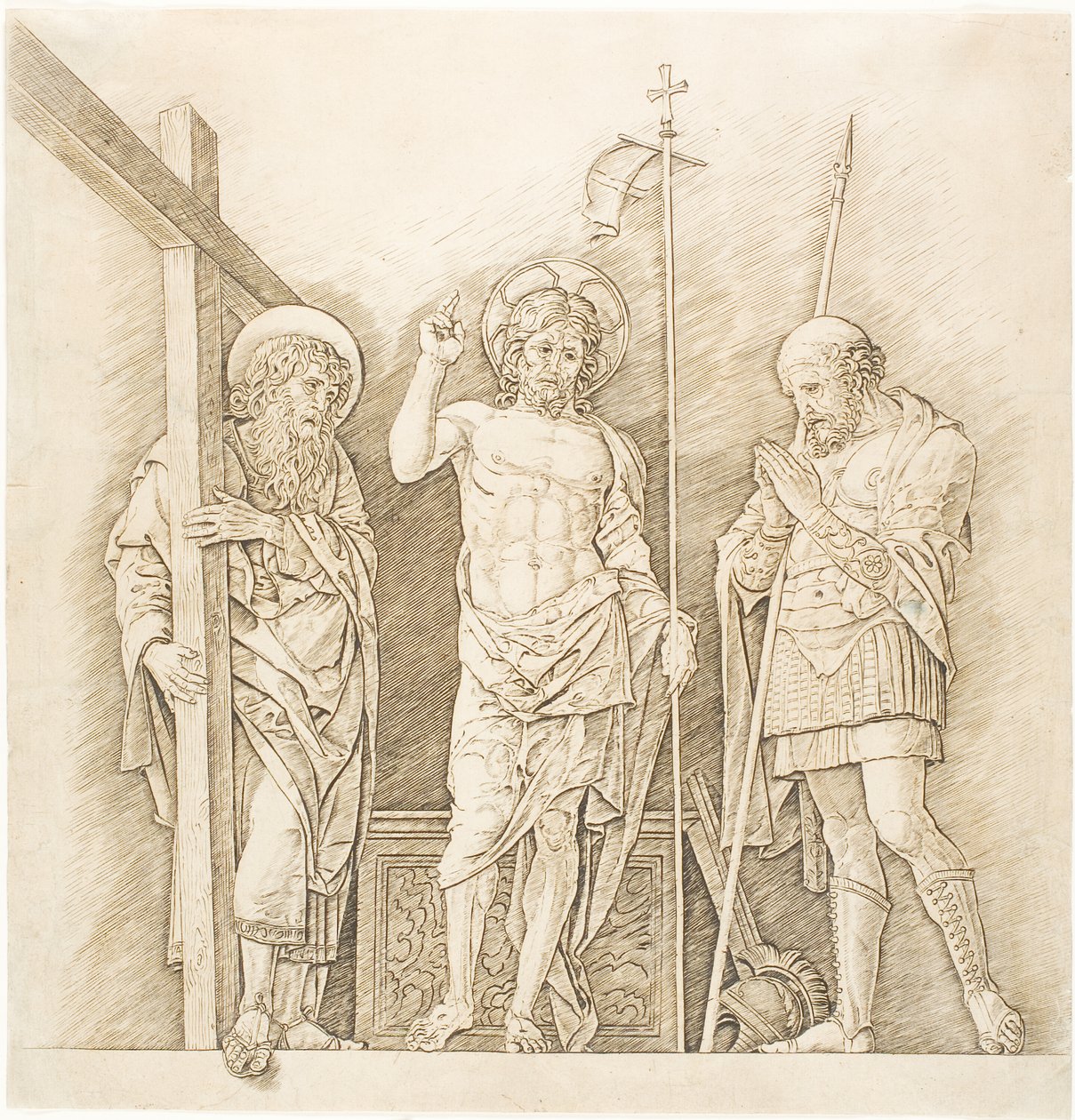 A feltámadt Krisztus Szent András és Longinus között alkotó: Andrea Mantegna