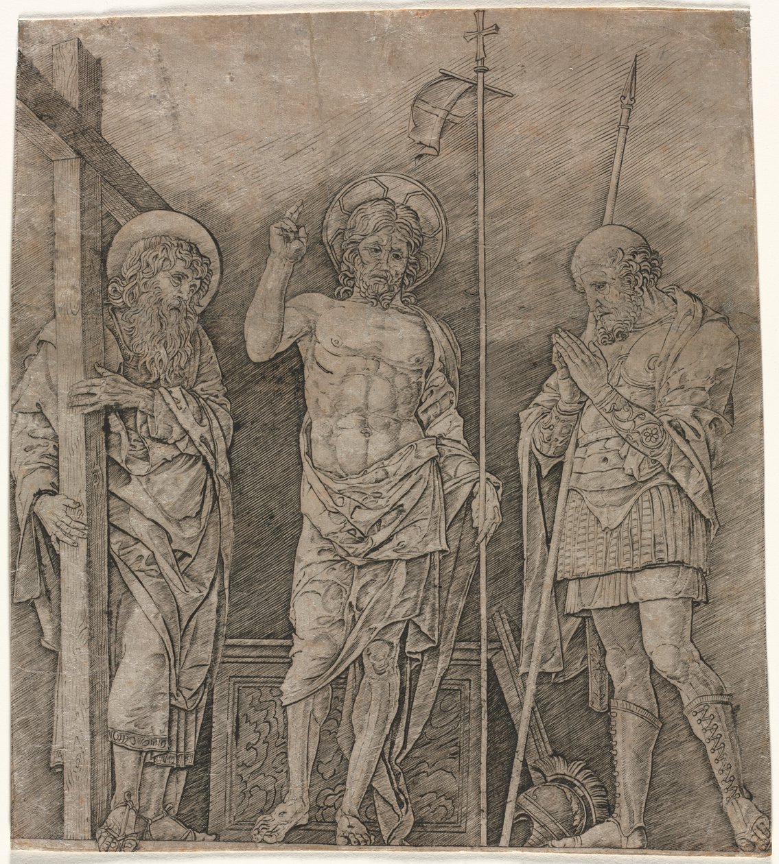A feltámadott Krisztus Szent András és Longinus között alkotó: Andrea Mantegna