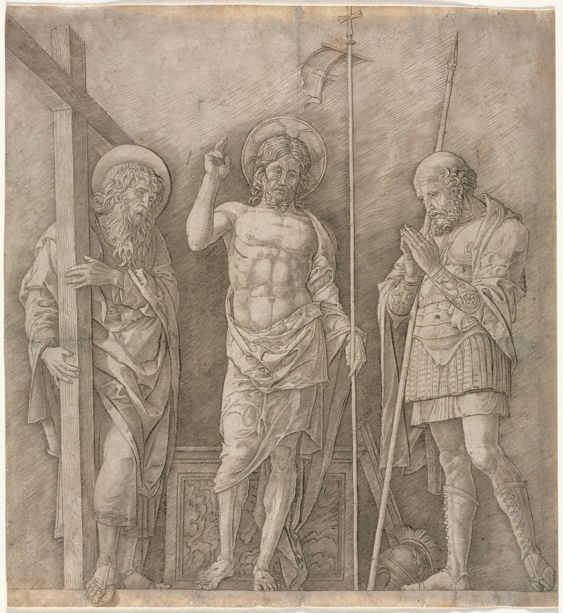 A feltámadott Krisztus Szent András és Longinus között, 1470-es évek eleje. alkotó: Andrea Mantegna