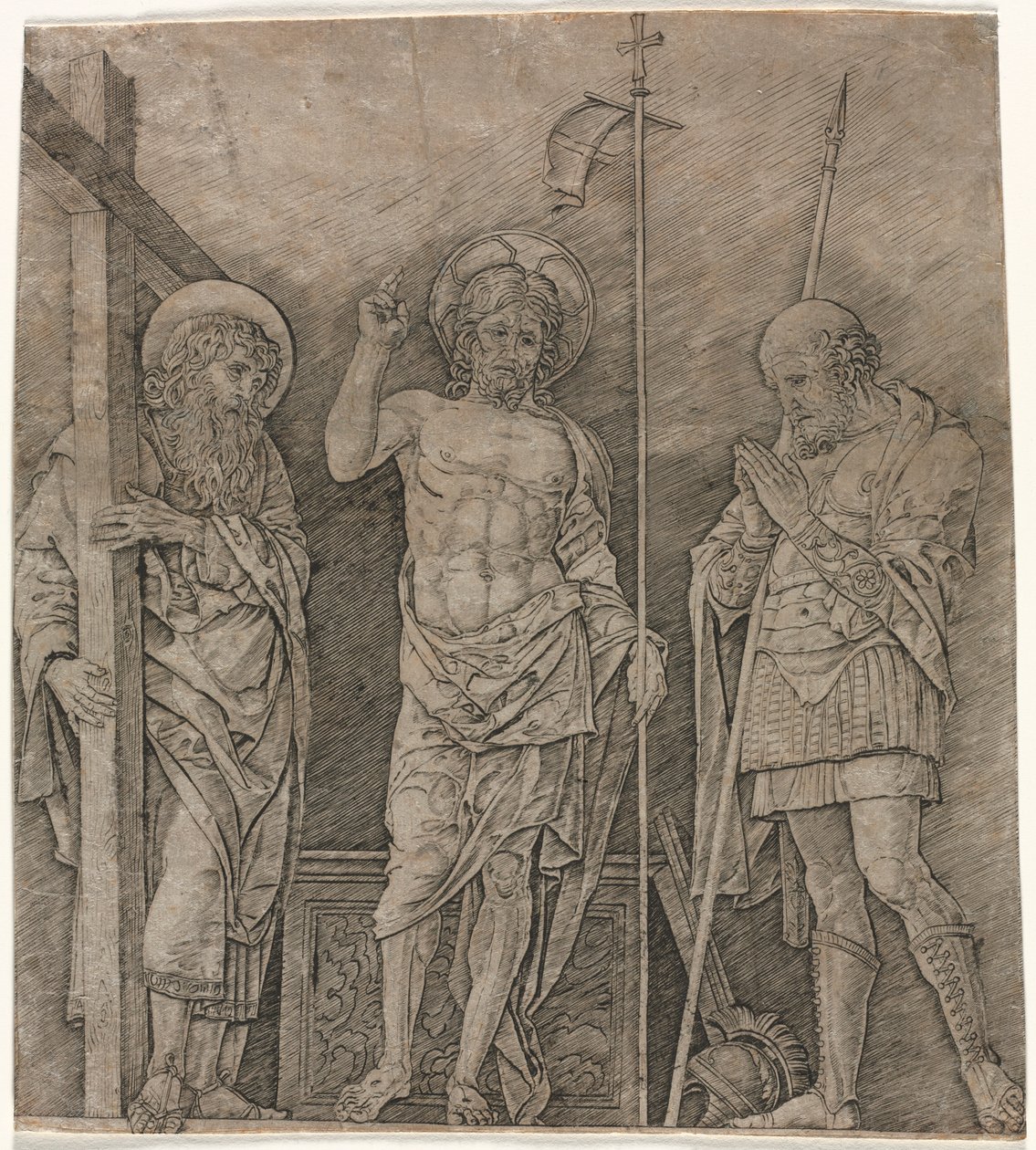 A feltámadott Krisztus Szent András és Longinus között, 1470-es évek eleje. alkotó: Andrea Mantegna