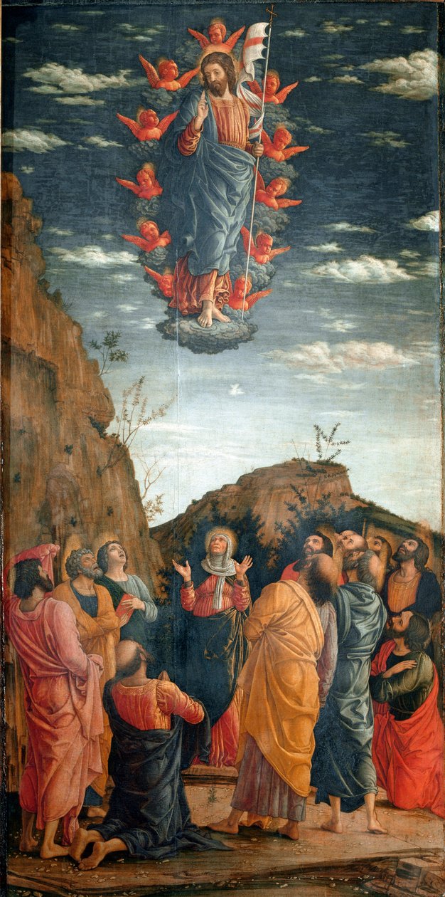 Az emelkedés. Andrea Mantegna (1431-1506) festménye 1460. 86x42,5 cm. Firenze, Galleria degli Uffizi. - Krisztus mennybemenetele, Andrea Mantegna (1431-1506). Tempera fa, 86x42,5 cm alkotó: Andrea Mantegna