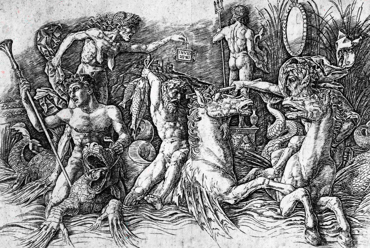 A tengeri istenek csatája, Andrea Mantegna (1431-1506), metszet. Részlet. alkotó: Andrea Mantegna