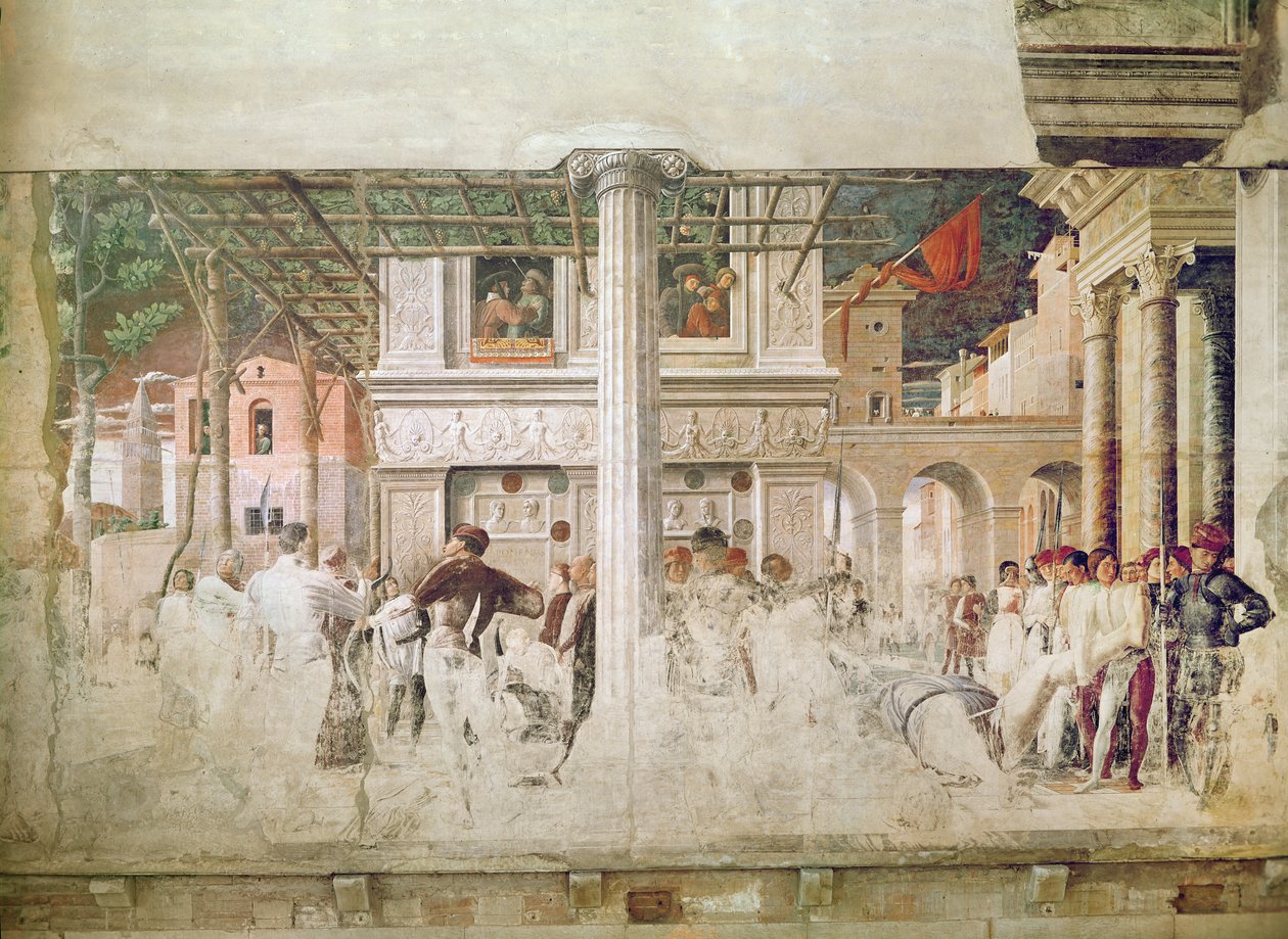 Szent Kristóf vértanúsága és testének mozgatása (restaurálás előtt), 1450-56 körül. alkotó: Andrea Mantegna