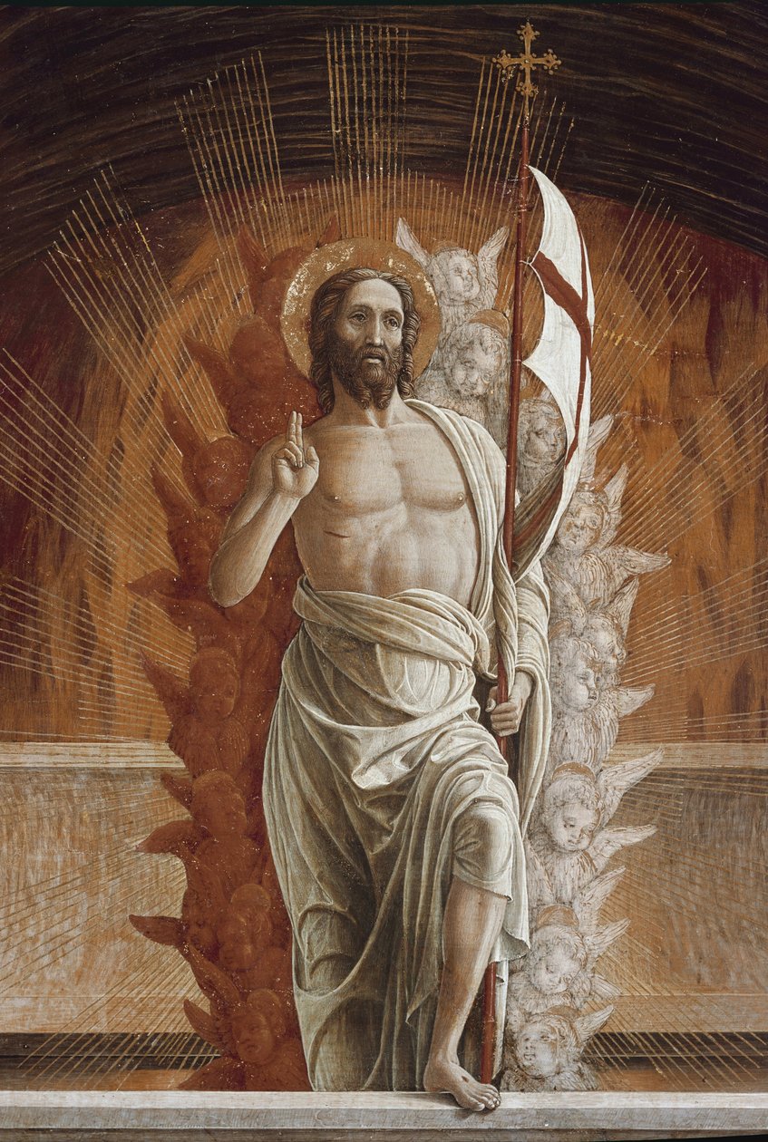 Jézus Krisztus feltámadása. Részlet a San Zeno oltárkép predellájáról (tempera a táblán alkotó: Andrea Mantegna