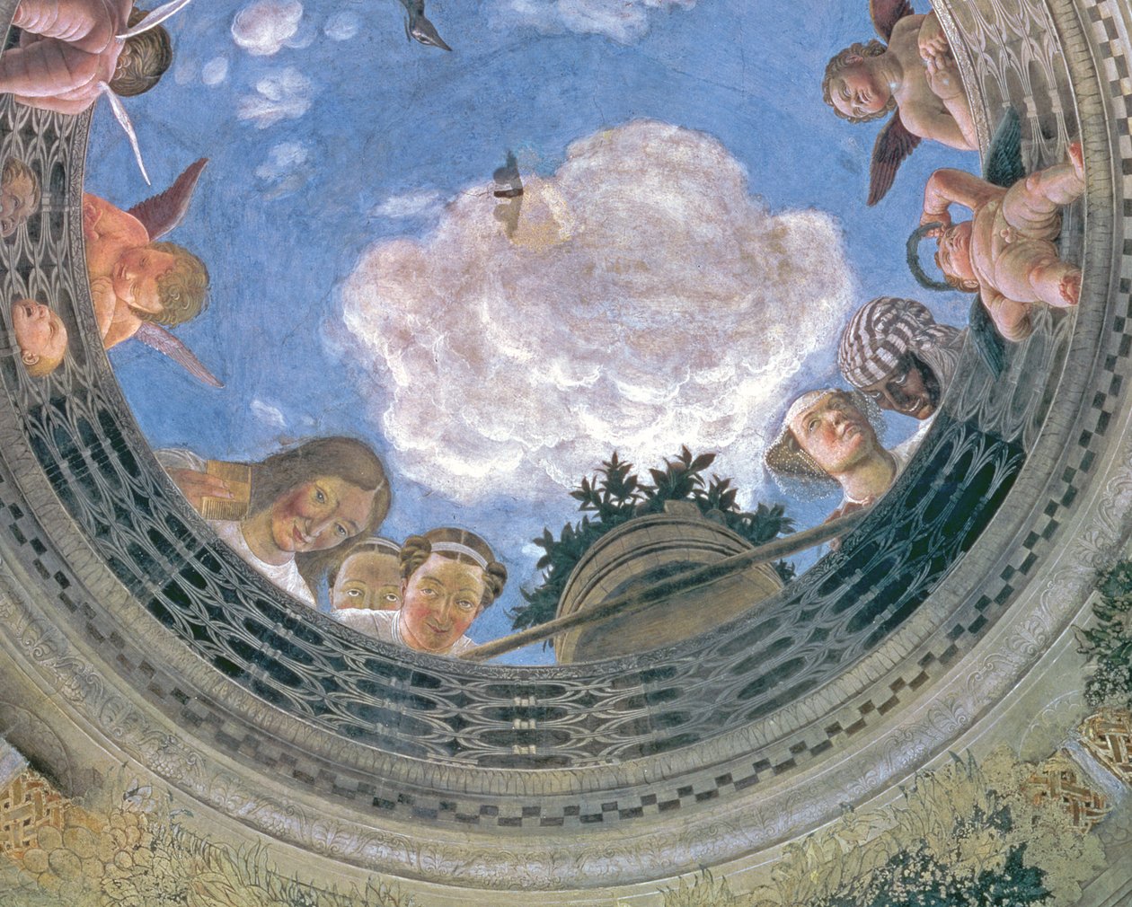 Trompe loeil oculus a Camera degli Sposi vagy a Camera Picta boltíves mennyezetének közepén, 1465-74 freskórészlet a 72245-ből alkotó: Andrea Mantegna