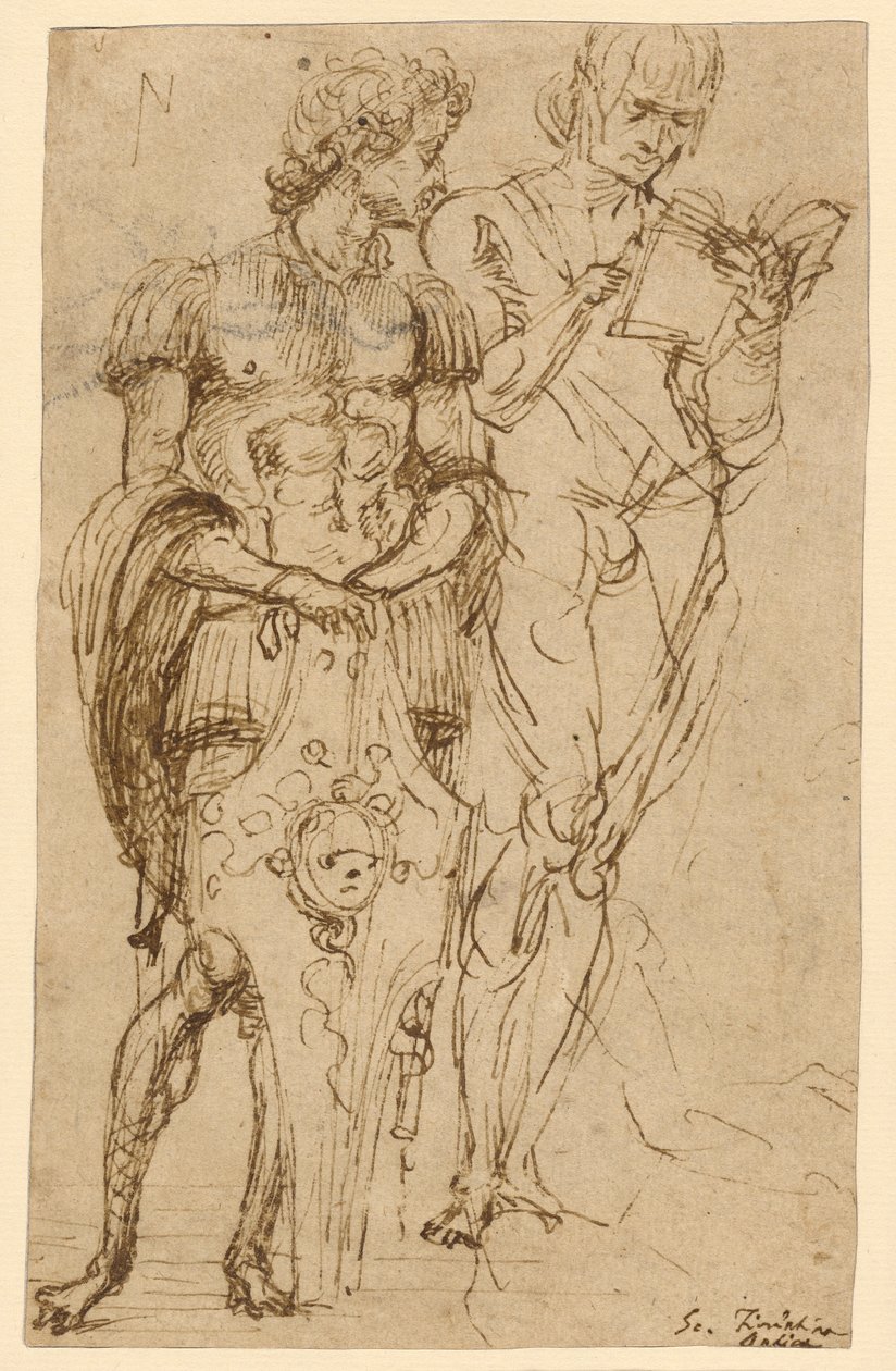 Két álló férfialak (recto); Egy fekvő férfi és más tanulmányok (verso) alkotó: Andrea Mantegna