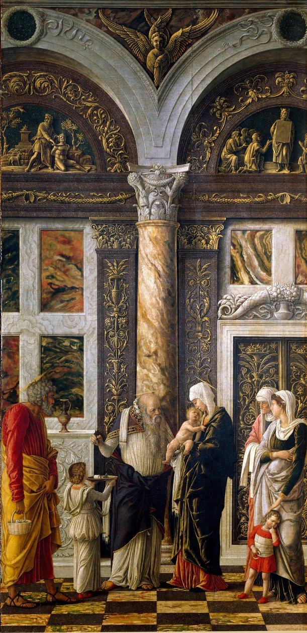 Uffizi poliptikus: „” körülmetélés”” Jobb oldali rész. Detrempe fán, Andrea Mantegna (1431-1506) 1464-1470. Homályos. 86x42,5 cm Firenze, Galleria degli Uffizi (Irodák) alkotó: Andrea Mantegna