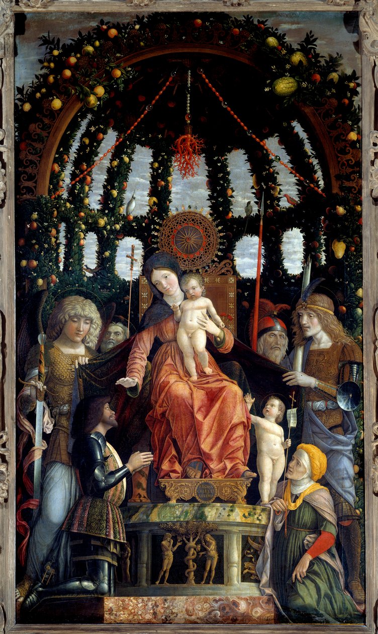 Győzelem Szűz (Madonna of Victory). Szűz Mária képviselteti magát: Szent Mihály, Szent György, Szent Longin és Szent András. A festmény védnöke, Mantua márkija, Francois II de Gonzague (Francis II Gonzaga) alkotó: Andrea Mantegna