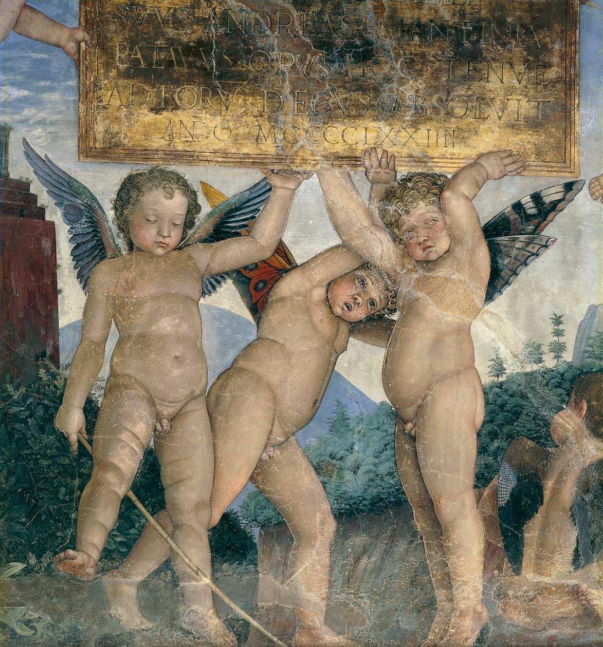 Szárnyas kerubok tartják a dedikáló táblát, részlet a Találkozó faláról alkotó: Andrea Mantegna