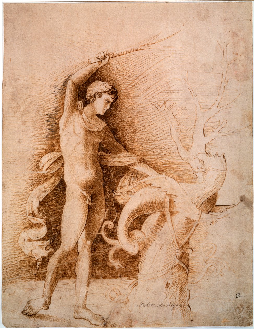 Fiatal férfi harcol a sárkány ellen, 15. század vége alkotó: Andrea Mantegna
