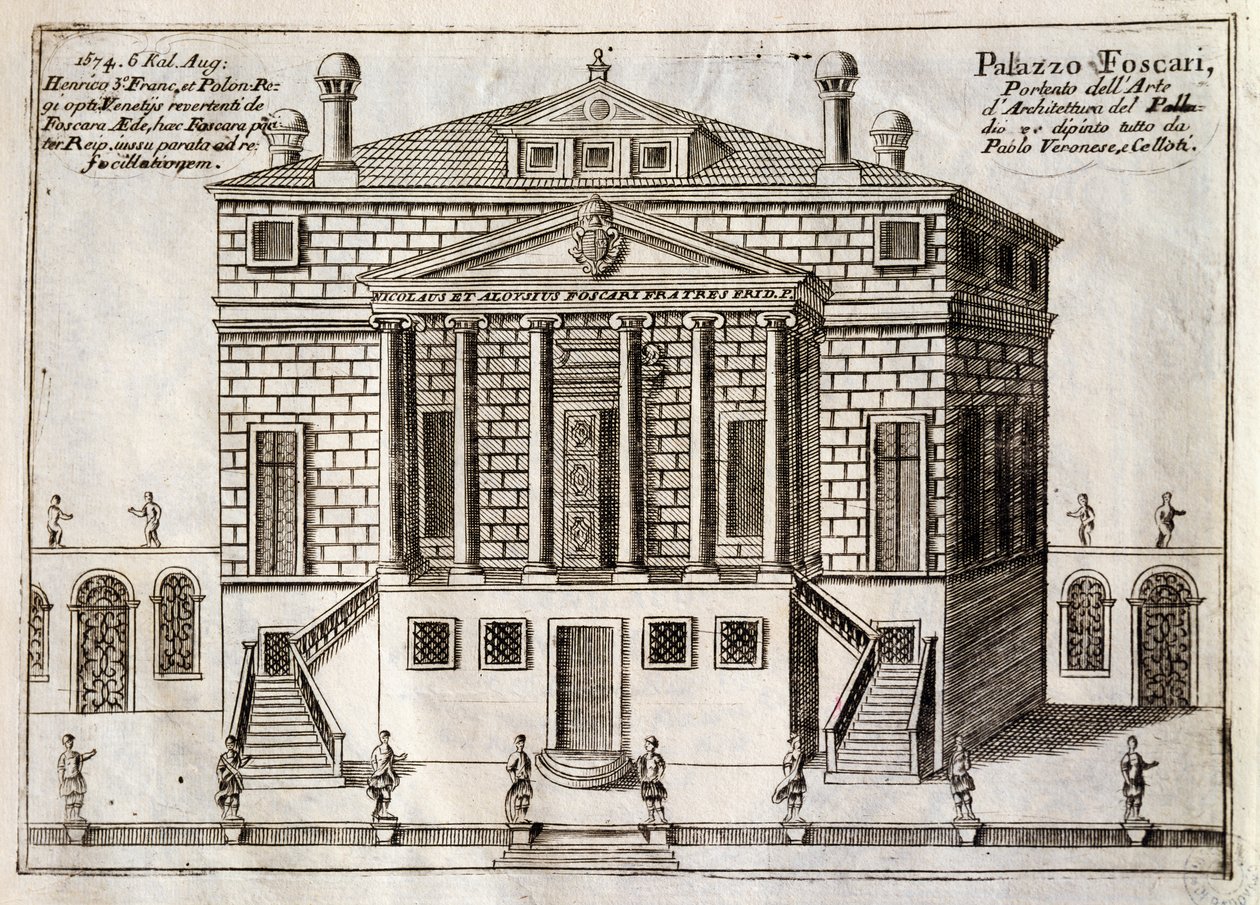A La Malcontenta, Mira néven ismert Villa Foscari főhomlokzata, Andrea Palladio (1508-1580) tervei, metszet a Brenta-csatorna mentén, Velence városához közel, Vincenzo Coronelli (1650-1718), Velence alkotó: Andrea Palladio