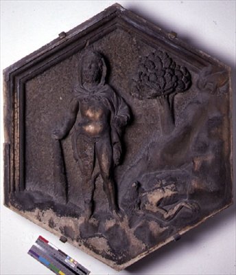 Káin és Ábel, hatszögletű dekoratív domborműves csempe a Genesis epizódjait bemutató sorozatból, valószínűleg Giotto (kb. 1266-1337) tervei alapján, 1334-1348 körül (márvány) alkotó: Andrea Pisano