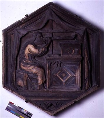 Zene, hatszögletű dekoratív domborműves csempe a Seven Liberal Arts sorozatból, valószínűleg Giotto (kb. 1266-1337) tervei alapján, 1334-48 körül (márvány) alkotó: Andrea Pisano