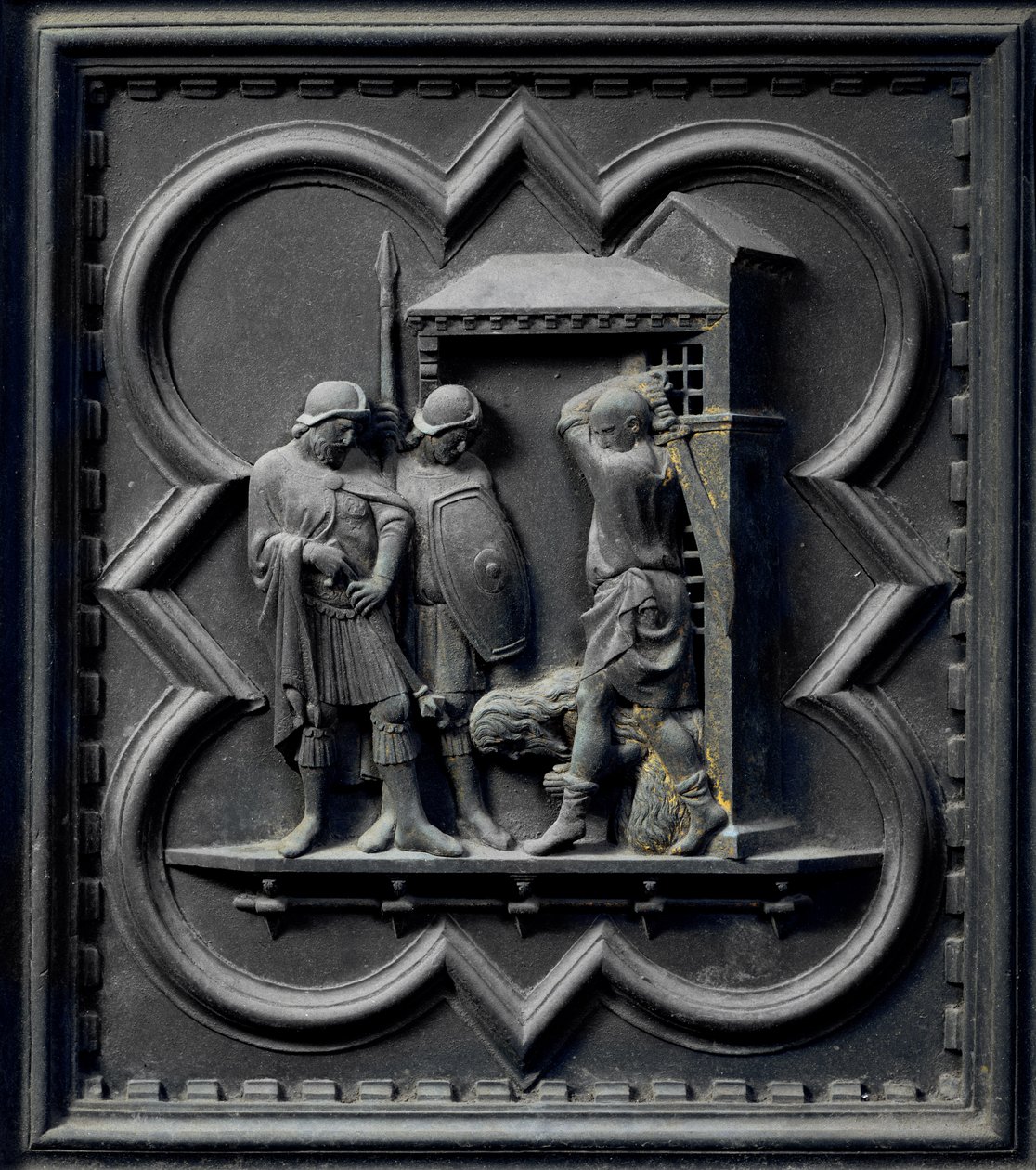 Keresztelő Szent János lefejezése, a San Giovanni Keresztelőkápolna déli ajtajának tizenhatodik táblája, 1336 (bronz) alkotó: Andrea Pisano