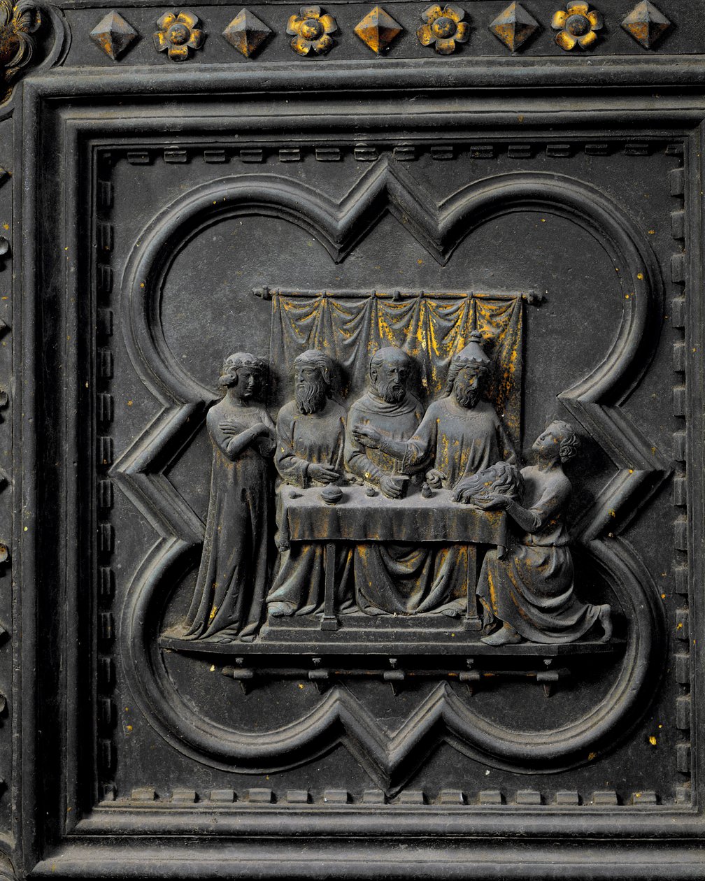 Keresztelő Szent János fejének bemutatása Heródes királynak (Kr. e. 21-39), a San Giovanni Keresztelőkápolna déli ajtóinak tizenhetedik táblája, 1336 (bronz) alkotó: Andrea Pisano