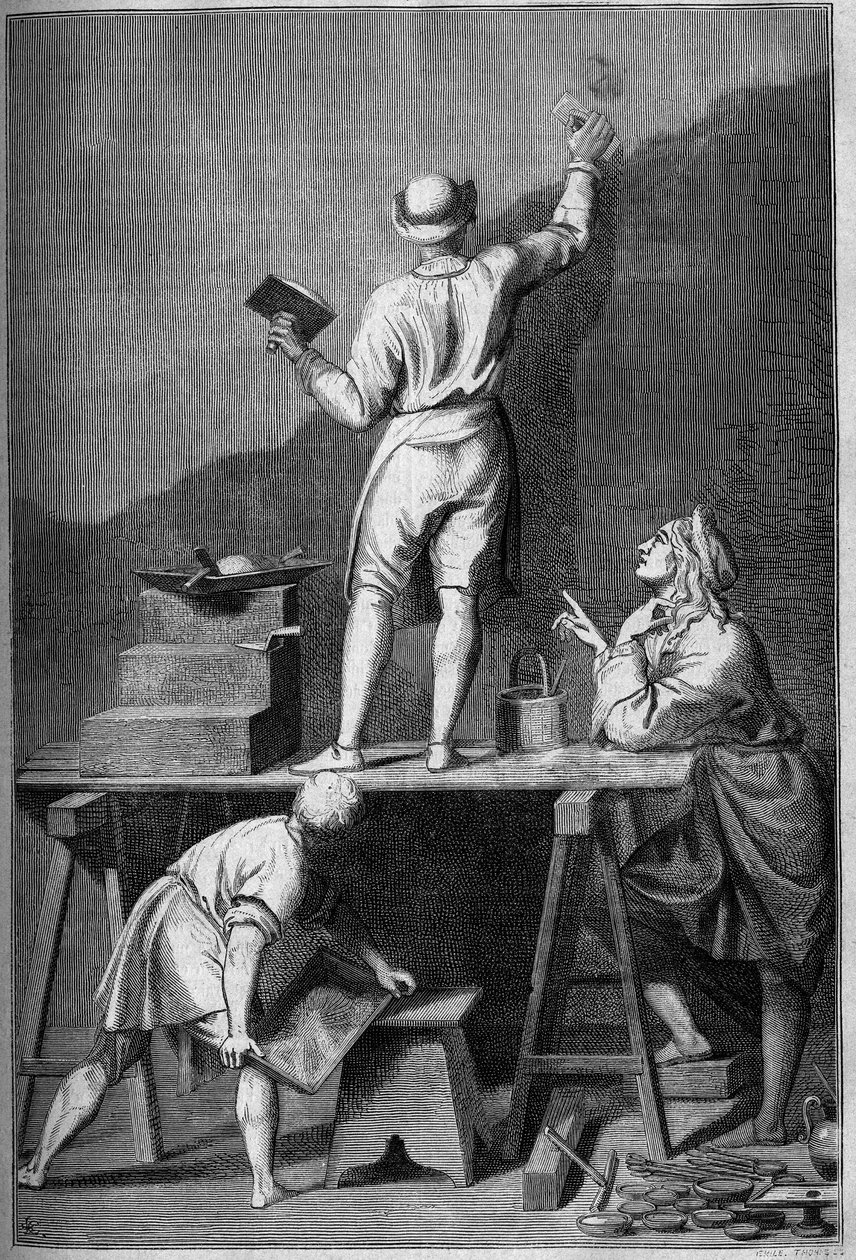 A vakolat elkészítése freskófestéshez (affresco). Chevignard rajza, Andrea Pozzo. alkotó: Andrea Pozzo