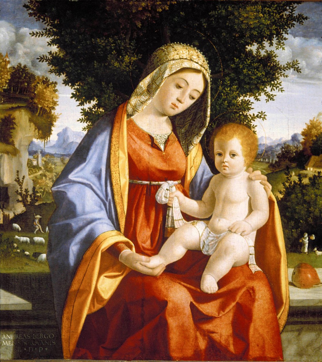 Madonna és gyermeke tájképben alkotó: Andrea Previtali