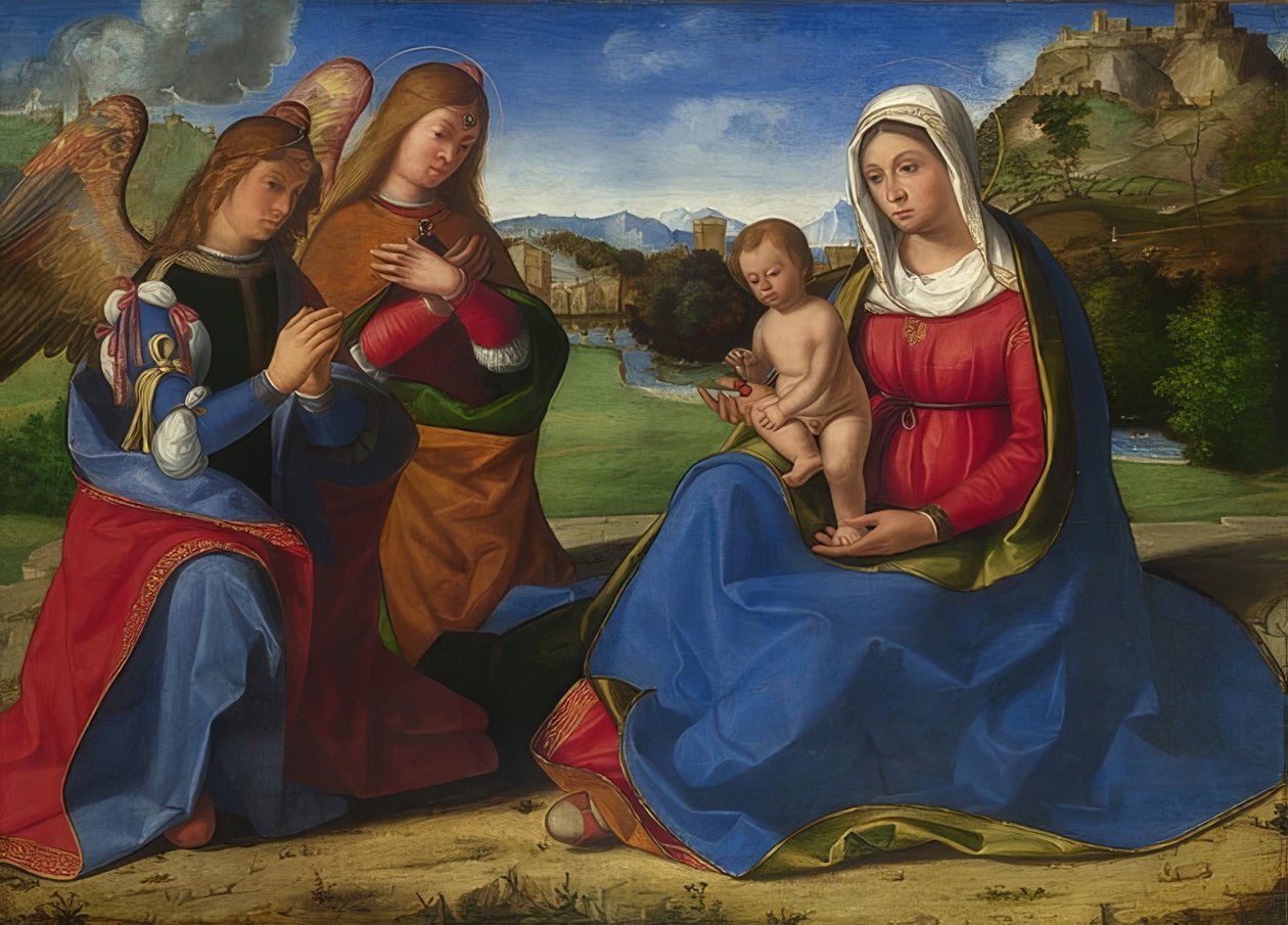 Madonna és gyermeke, akit két angyal imád. 1505 körül alkotó: Andrea Previtali