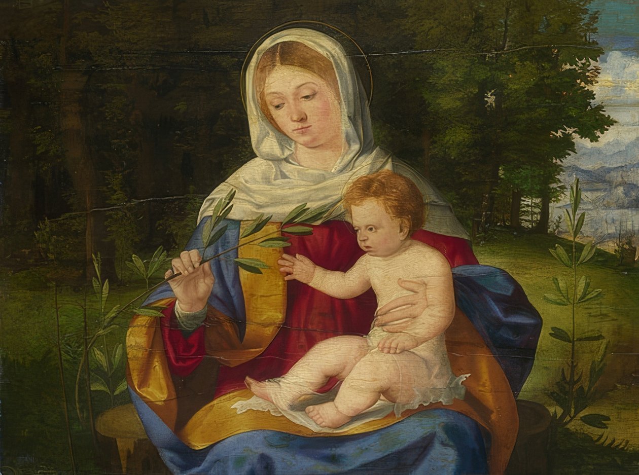 Madonna és a gyermek olajággal. 1515 körül alkotó: Andrea Previtali