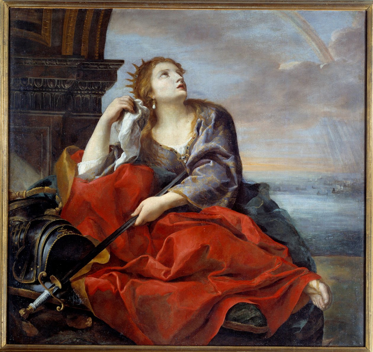 Didon, Karthágó királynője, akit Enee elhagyott. A kétségbeesés jeleként a hasa felé szegezi a kardot. Andrea Sacchi (1599-1661) festménye 1635 V. 1,4x1,48 m Caen, Szépművészeti Múzeum alkotó: Andrea Sacchi