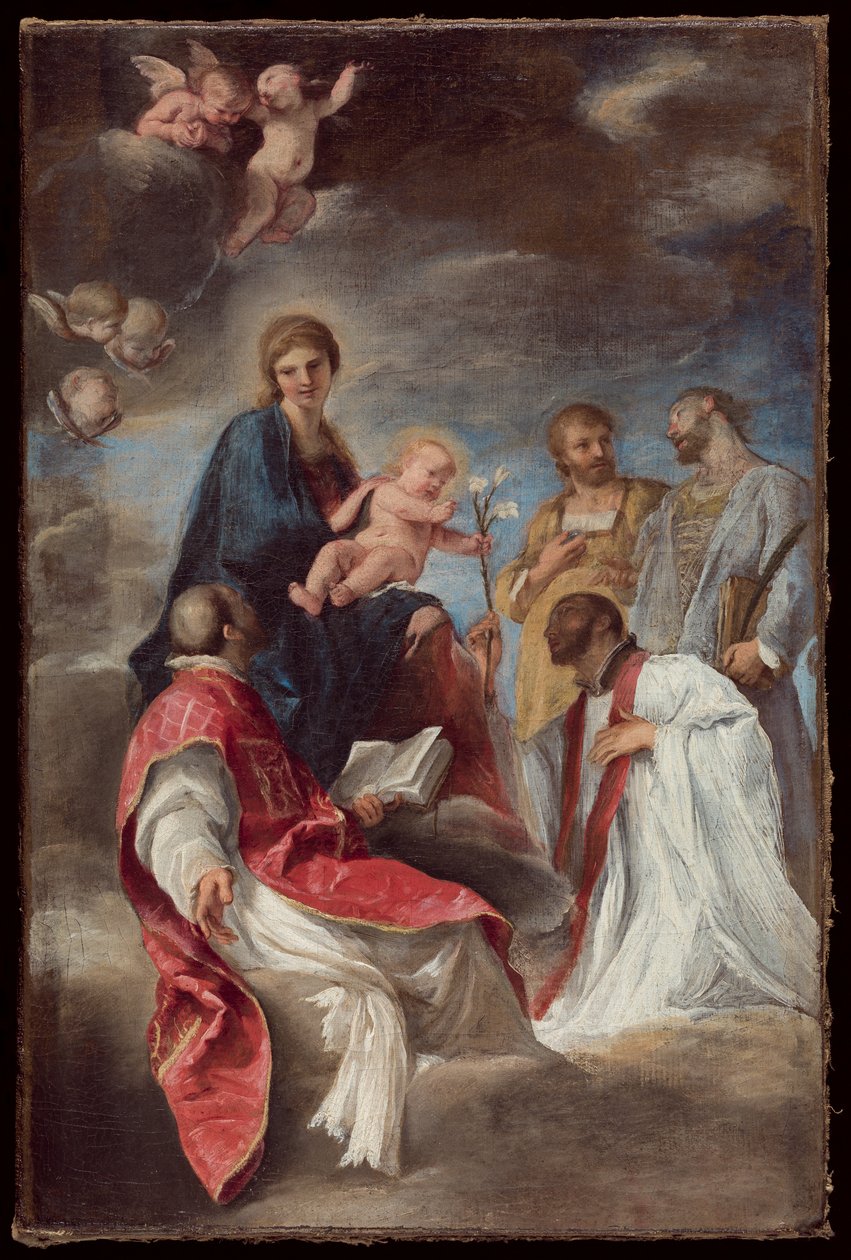A Madonna és a gyermek Loyolai Ignác szentekkel, Xavér Ferenccel, Cosmasszal és Damianussal alkotó: Andrea Sacchi