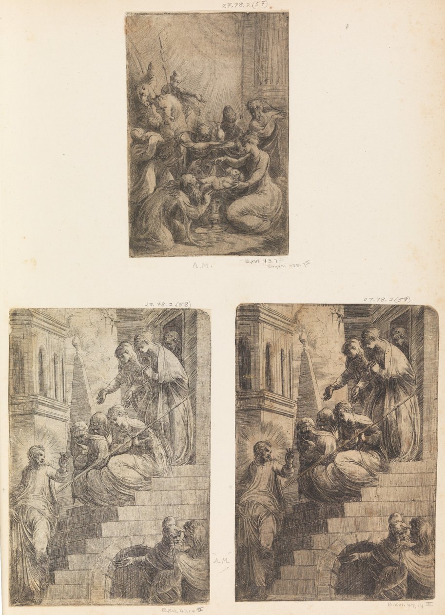 A mágusok, Krisztus és az asszonyok imádása a lépcsőházban, kb. 1541-44. alkotó: Andrea Schiavone