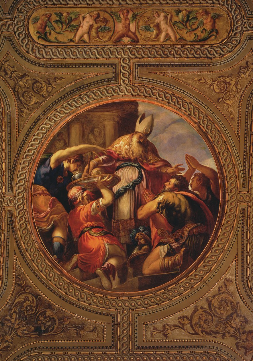 A papság allegóriája, a könyvtár mennyezetéről, 1556 alkotó: Andrea Schiavone