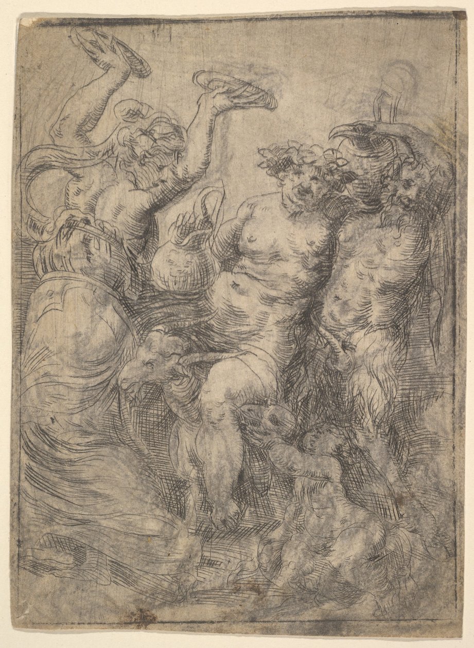 Bacchic mulatság Silenusszal, aki kecskén lovagol a központban, kb. 1540-43. alkotó: Andrea Schiavone