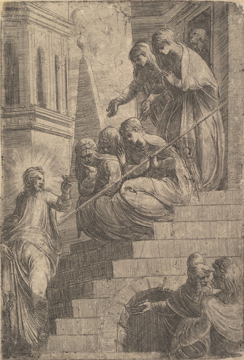 Krisztus a lépcsőkön ülő és álló nők csoportjához szól, kb. 1541-44. alkotó: Andrea Schiavone