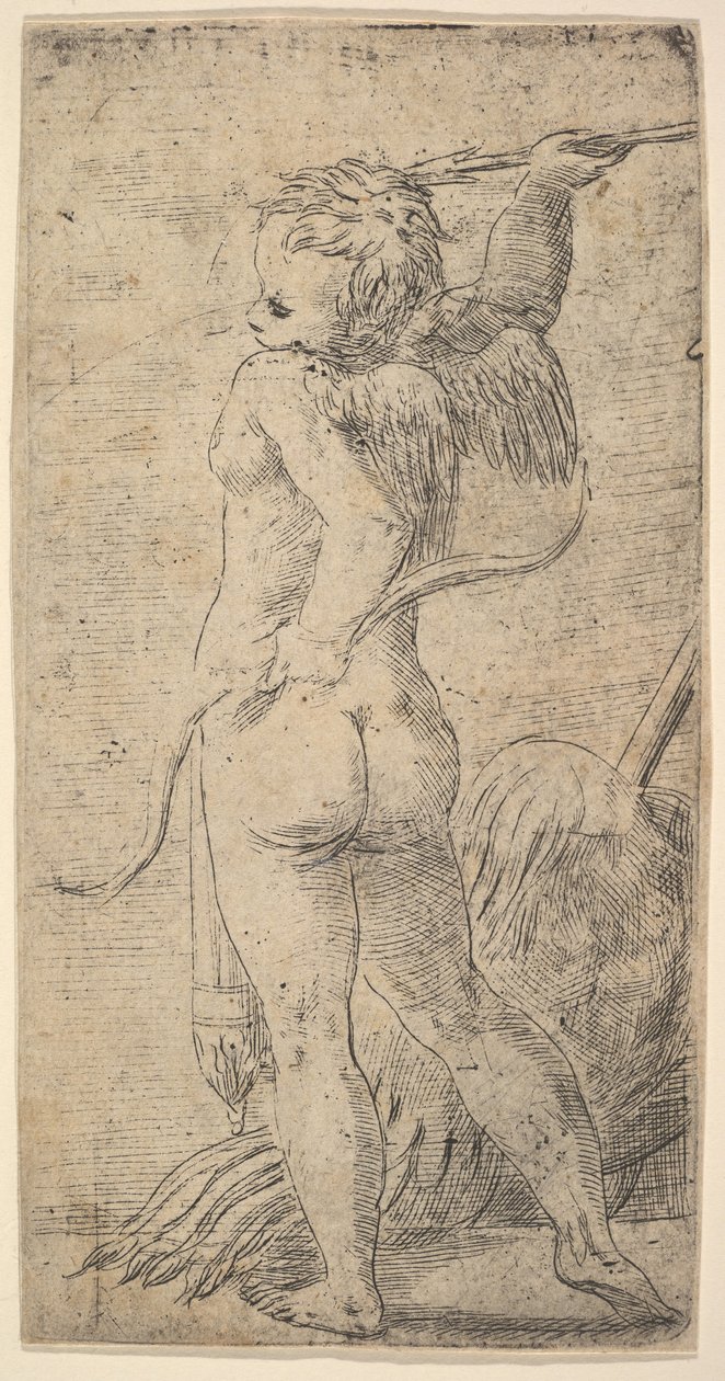 Ámor hátulról nézve nyíllal a felemelt jobb kezében, kb. 1543-45. alkotó: Andrea Schiavone