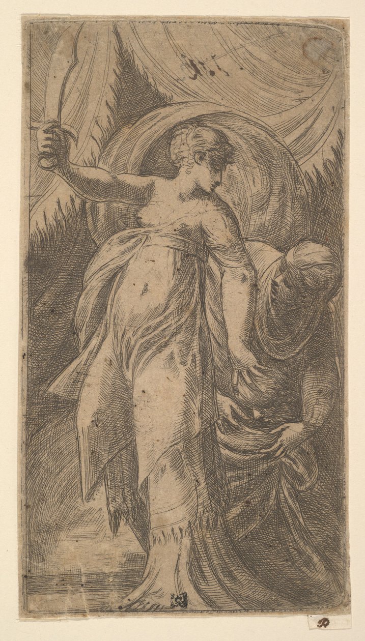 Judit jobb kezében felemelt karddal és Holofernes i... fejére helyezve, kb. 1540-45. alkotó: Andrea Schiavone