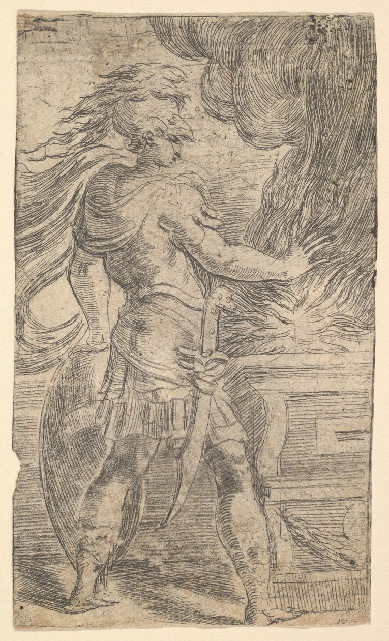 Mutius Scaevola kezét a lángokba helyezve egy kompozíció felét hagyta hátra, melynek jobb..., kb. 1540. alkotó: Andrea Schiavone