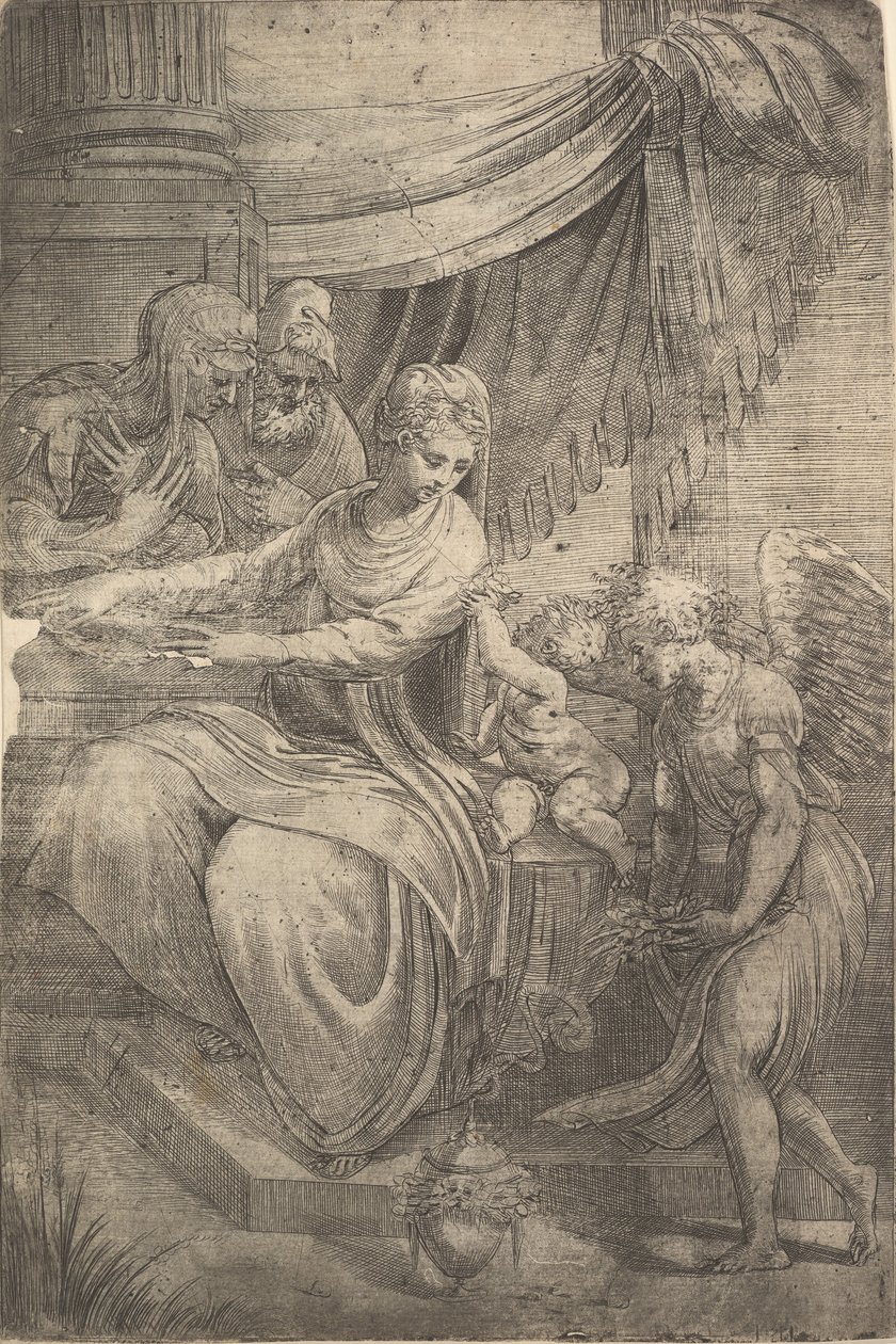 A Szent Család, egy virágot tartó angyal jobbról közeledik, kb. 1550-53. alkotó: Andrea Schiavone