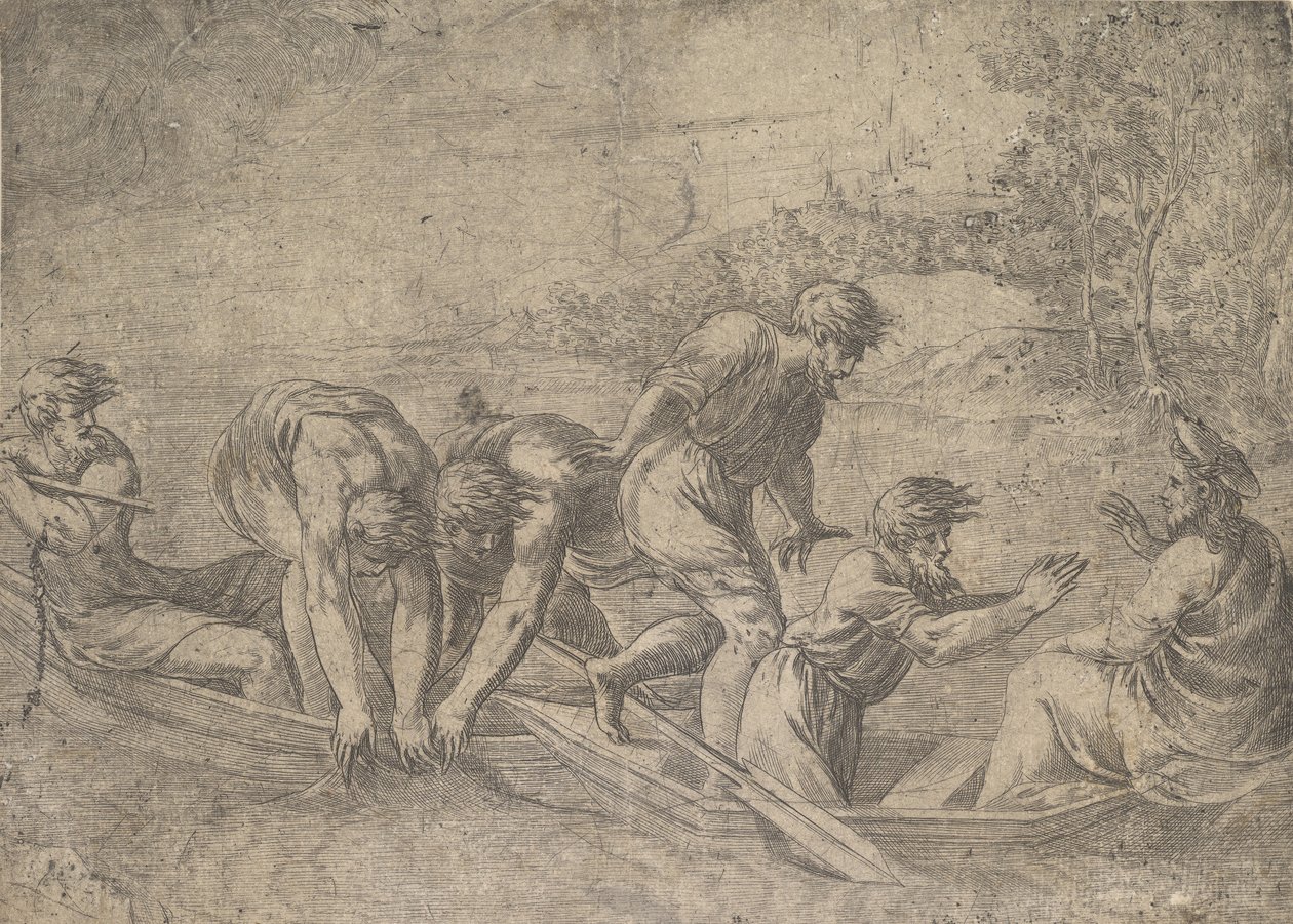 A halak csodálatos huzata, Krisztus a jobb oldalon apostolok kíséretében..., kb.1548-52. alkotó: Andrea Schiavone