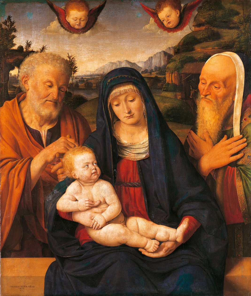 Madonna és gyermek Szent Józseffel és Simeonnal, Andrea Solario (1470-1524), tempera és olaj, tábla, vászonra áthelyezve alkotó: Andrea Solario