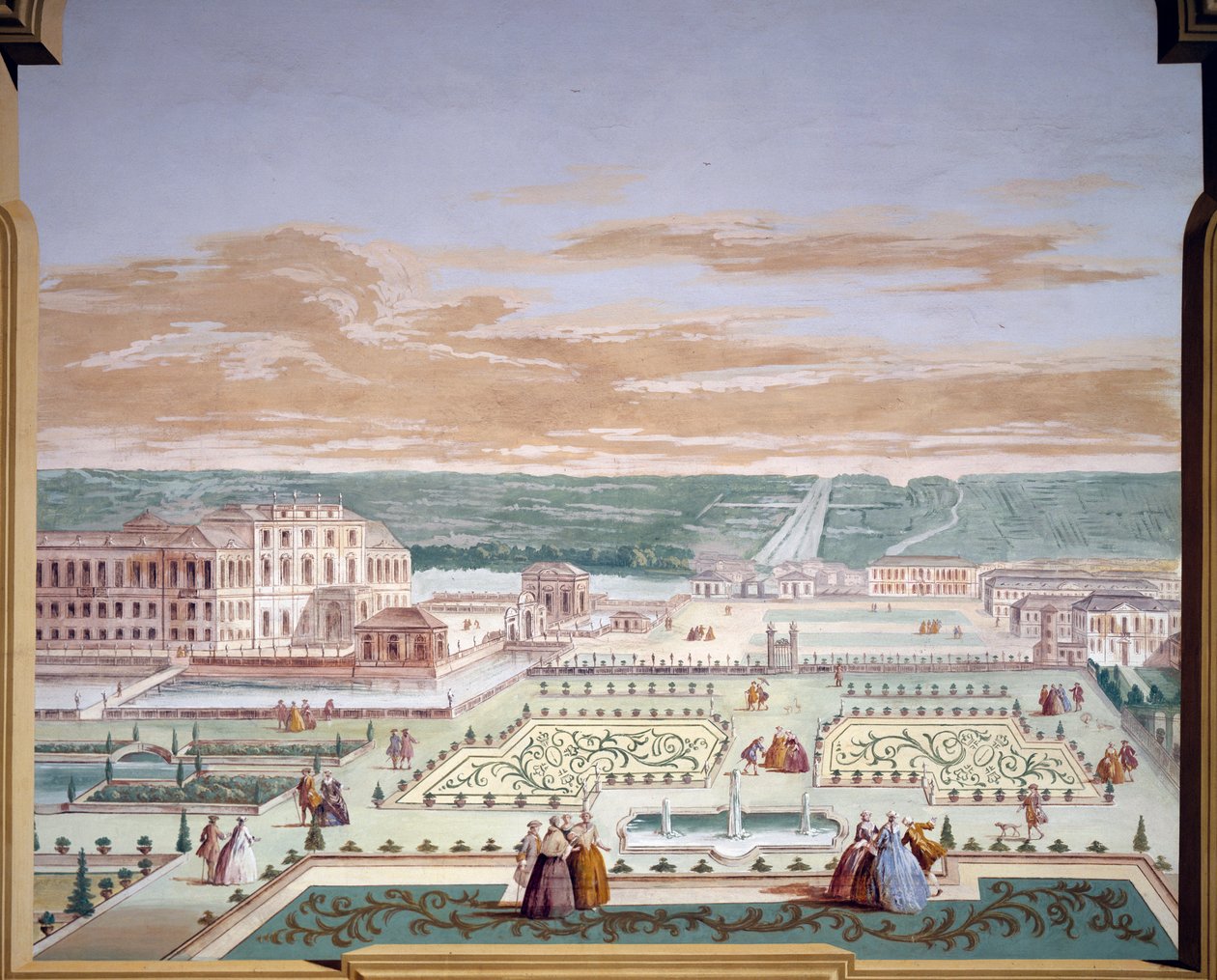 Perspektivikus rajz egy villa és képzeletbeli kertről, Andrea Urbani (1711-1798) freskója a Villa Pisaniban, Stra, Veneto. Olaszország alkotó: Andrea Urbani