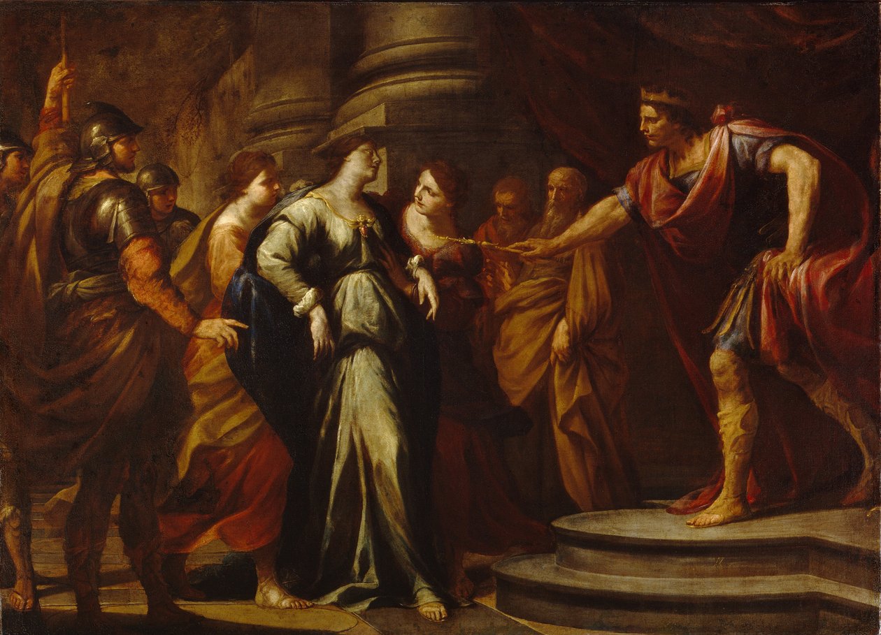Eszter (Hadassah bat Avilail) Assvérus előtt (I. Xerxesszel, Perzsia királyával azonosították, ie 519-465) (Eszter Ahasvérus előtt). Esztert a perzsa király feleségül választja az összes kérő közül. Andrea Vacaro (1604-1670) festménye, olajfestmény alkotó: Andrea Vaccaro