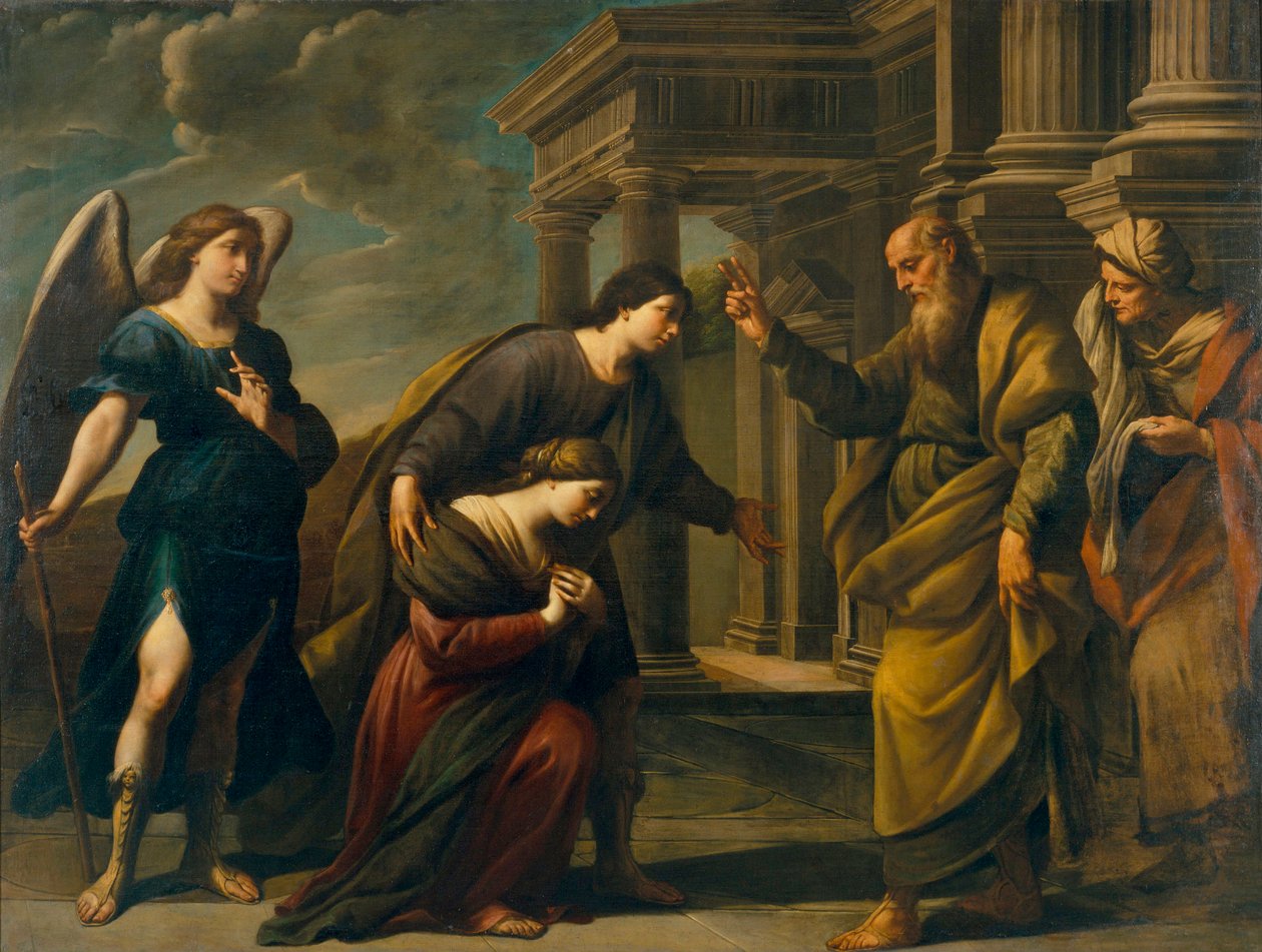 Raguel megáldja lányát, Sarah-t, mielőtt elutazik Ecbatane-ba, Tóbiással (Raguel áldása lányára, Sarah-ra, mielőtt elhagyná Ecbatanát Tobiasszal) - Andrea Vaccaro festménye (1604-1670), olaj, vászon (200,3x262 cm), művészet kb. 1641-es olasz század, alkotó: Andrea Vaccaro