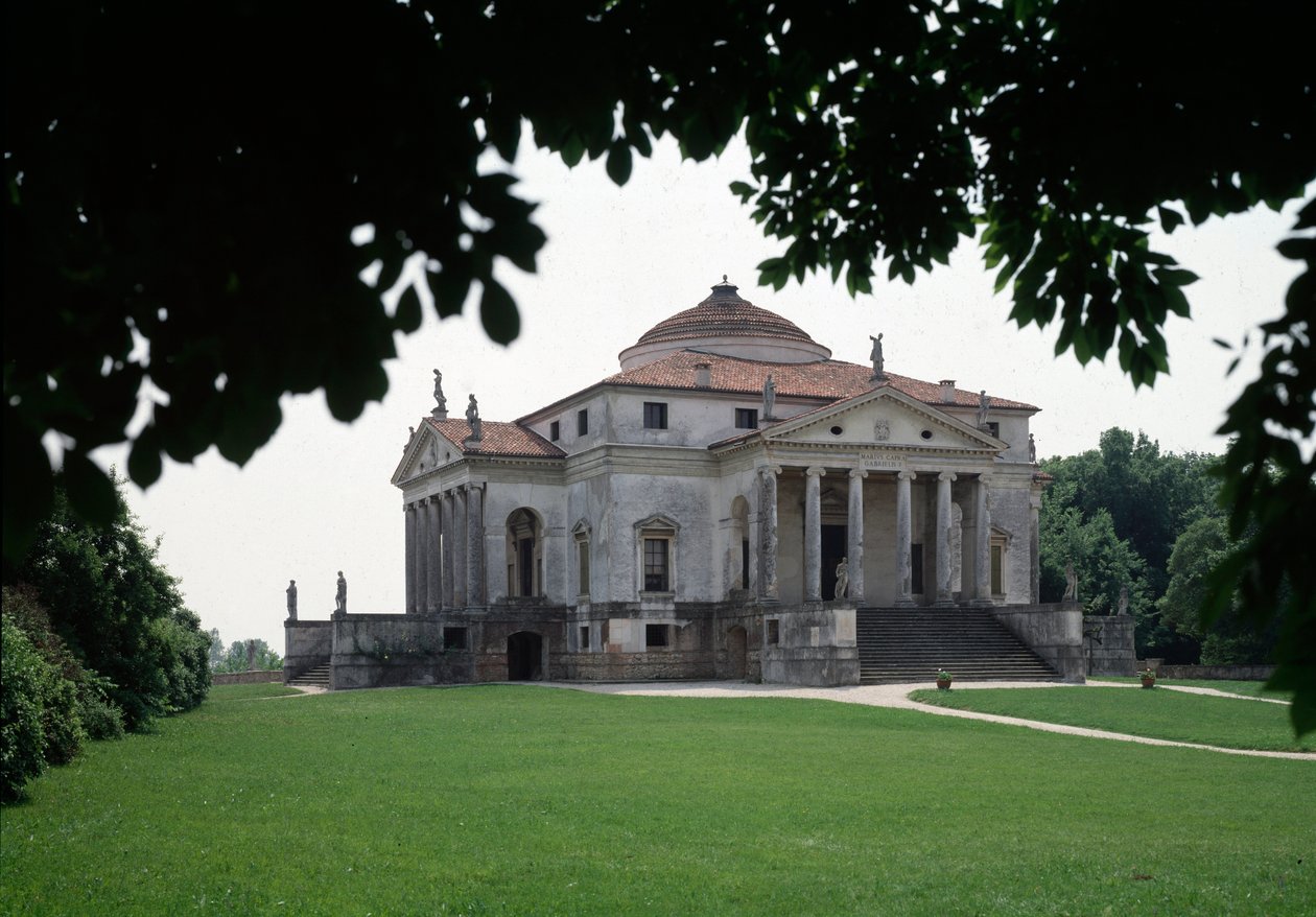 Kilátás a Rotonda néven ismert Almerico-Capra villára, amelyet Andrea Palladio (1508-1580) olasz építész készített 1567-1570-ben, és Vincenzo Scamozzi (1552-1616) fejezte be 1591-ben, Vicenza, Olaszország (Az Almerico Capra villa képe vagy a La rotonda, An alkotó: Andrea and Scamozzi Vincenzo Palladio