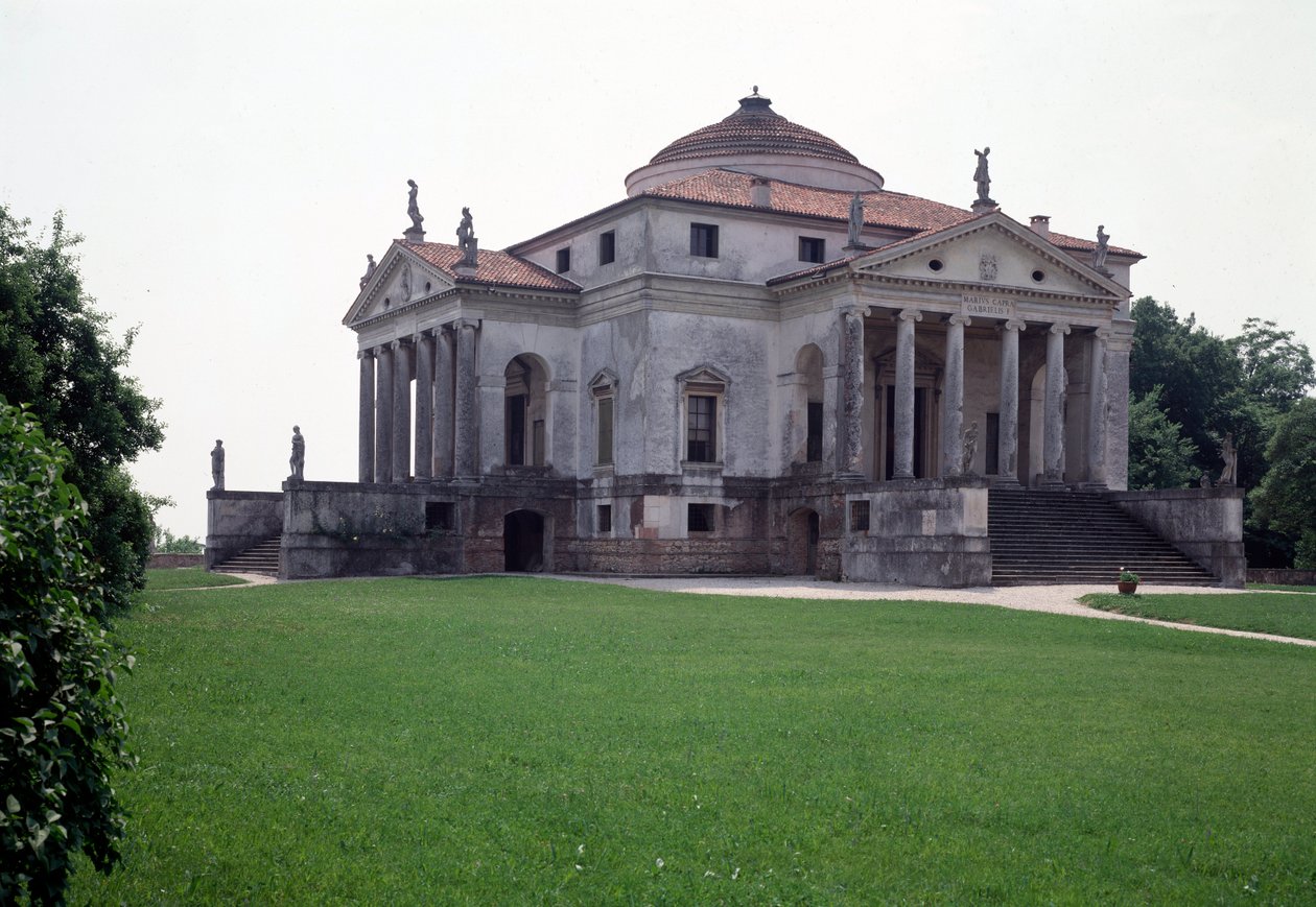 Kilátás a Rotonda néven ismert Almerico-Capra villára, amelyet Andrea Palladio (1508-1580) olasz építész készített 1567-1570-ben, és Vincenzo Scamozzi (1552-1616) fejezte be 1591-ben, Vicenza, Olaszország (Az Almerico Capra villa képe vagy a La rotonda, An alkotó: Andrea and Scamozzi Vincenzo Palladio