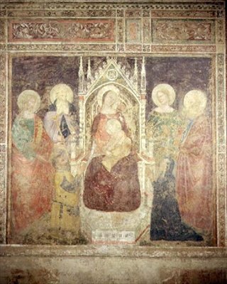 Szűzanya és gyermeke SS. Keresztelő János, Nikolaus és Illés (freskó) alkotó: Andrea da Firenze (fl.1388 1459)