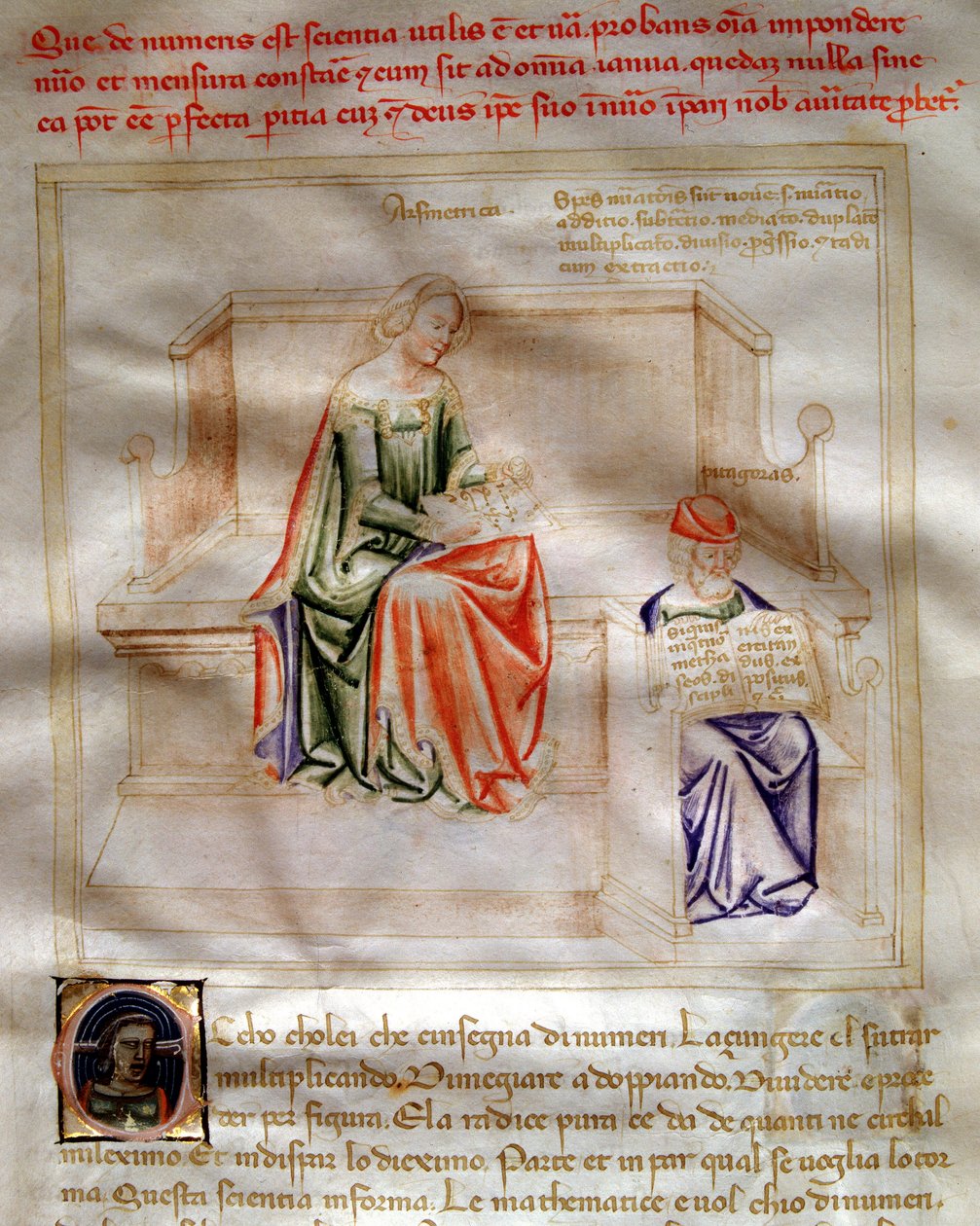 Az aritmetika allegóriái a "Chansonne des sept Vertus et des sept Arts liberales dedined to Bruzio Visconti" (Az erények és tudományok éneke) című művében Bartolomeo di Bartoli. Andrea di Bartoli akvarellje (aktív 1358 és 1368 között) (599 ms., alkotó: Andrea de Bartoli